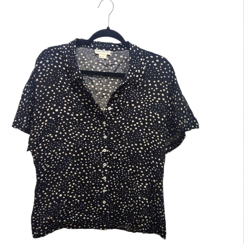 Vintage Barry Bricken Button Up Blouse Black with White Dots Size 14